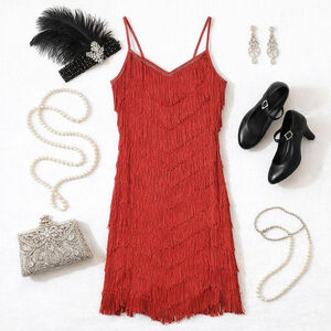 Vintage 90s does 20s red flapper dance dress chevron fringe rhinestone trim
